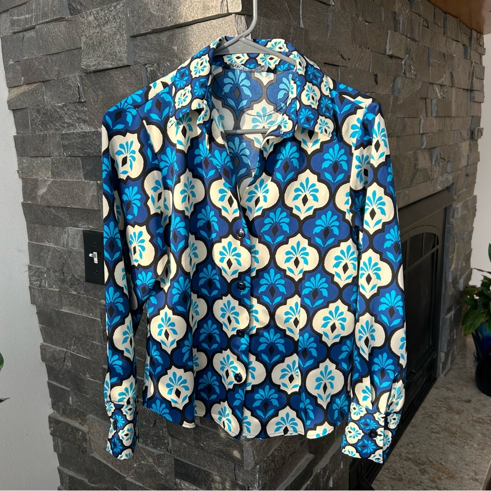 Zara Blue & Cream Geometric Patterned Button-up Shirt